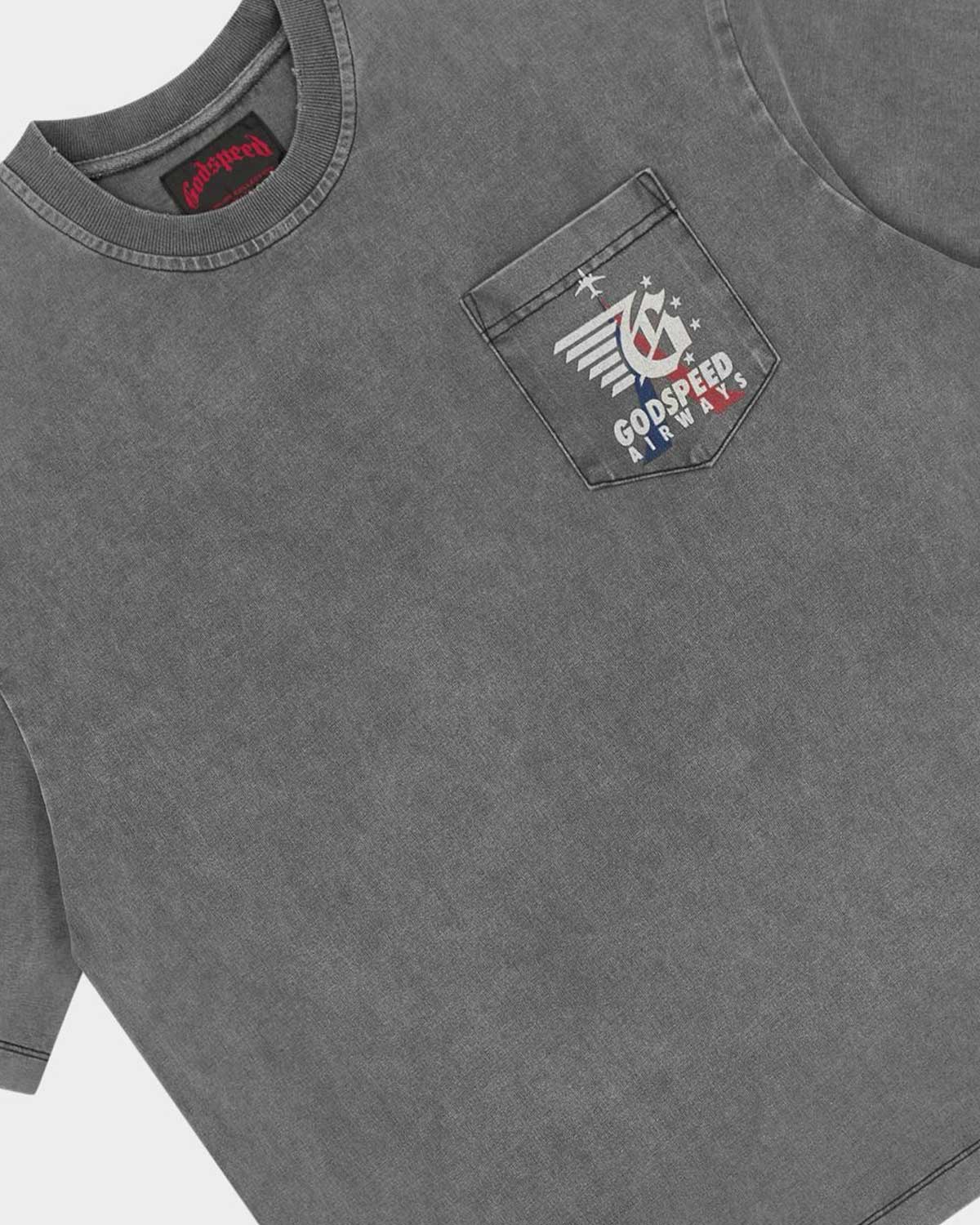 Godspeed GS Air Paris Pocket Tee grey, close-up of the winged GODSPEED AIRWAYS chest pocket print