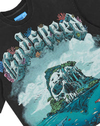Godspeed GS Island II NG Tee black, close-up of the skull island and coral-filled Godspeed lettering