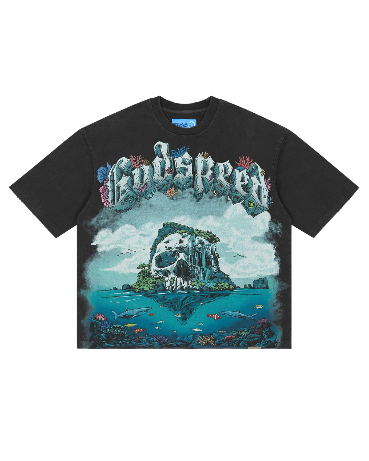 Godspeed GS Island II NG Tee black, T-shirt with skull-island reef graphic, front view