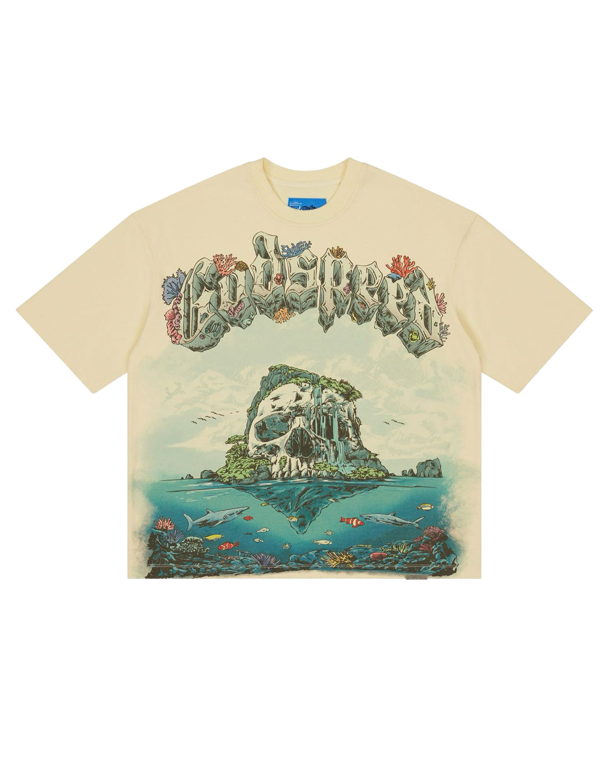 Godspeed GS Island II NG Tee bone, T-shirt with skull-island reef graphic, front view