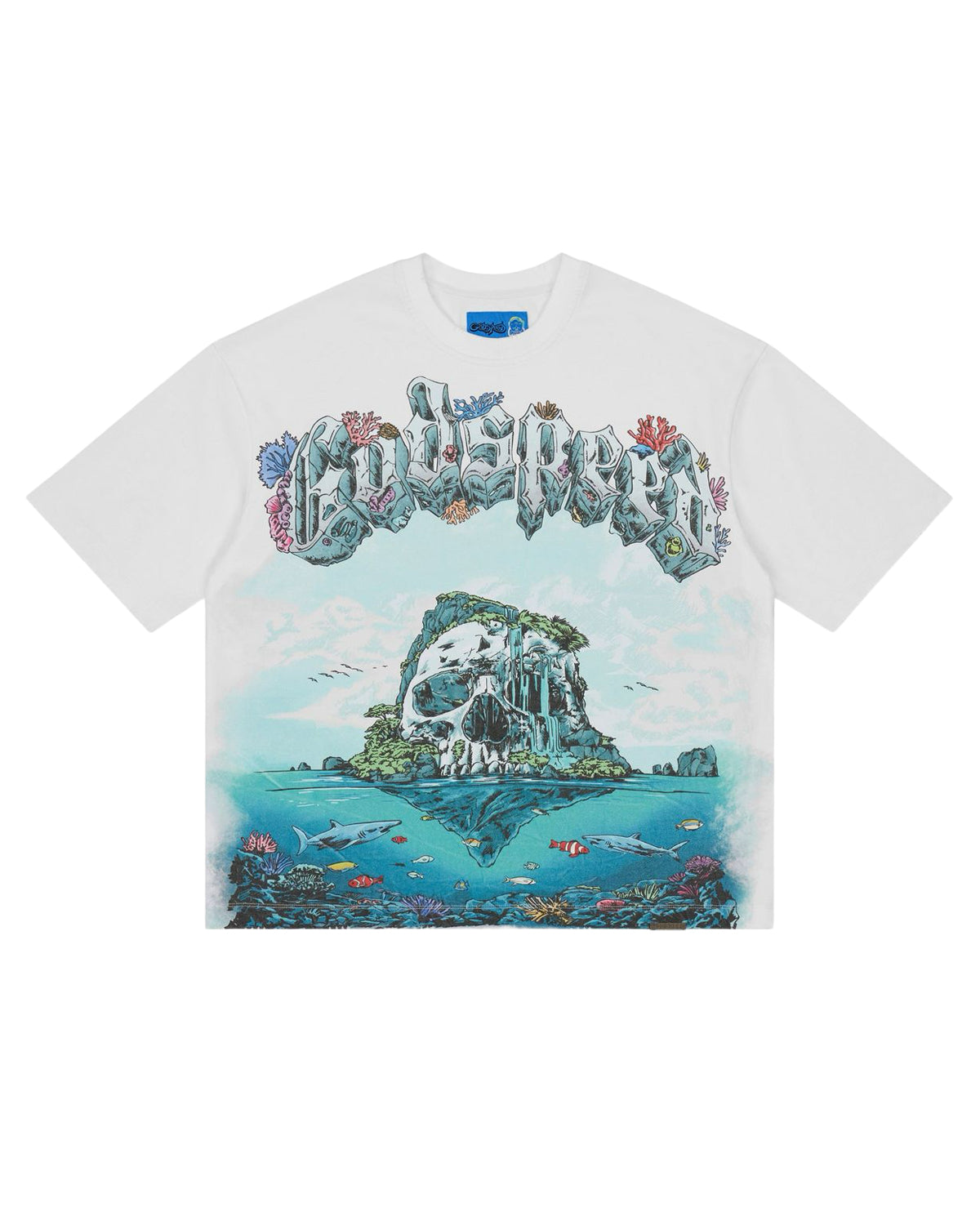 Godspeed GS Island II NG Tee white, T-shirt with skull-island reef graphic, front view