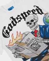 Godspeed GS Times NG Tee white, angled close-up of the skeleton newsreader and black Gothic Godspeed lettering