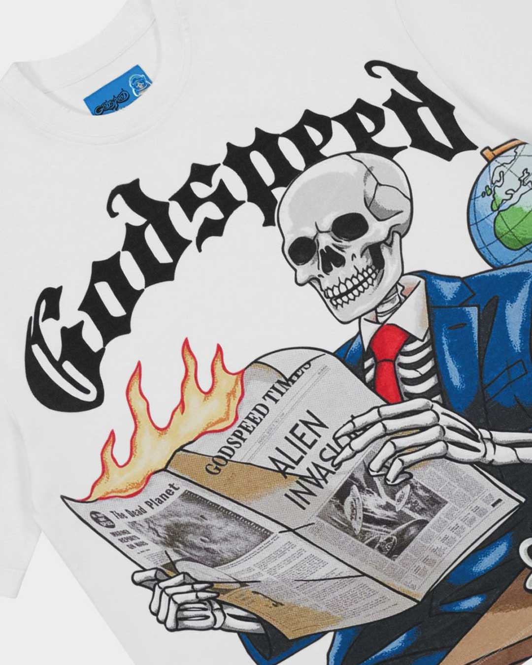 Godspeed GS Times NG Tee white, angled close-up of the skeleton newsreader and black Gothic Godspeed lettering