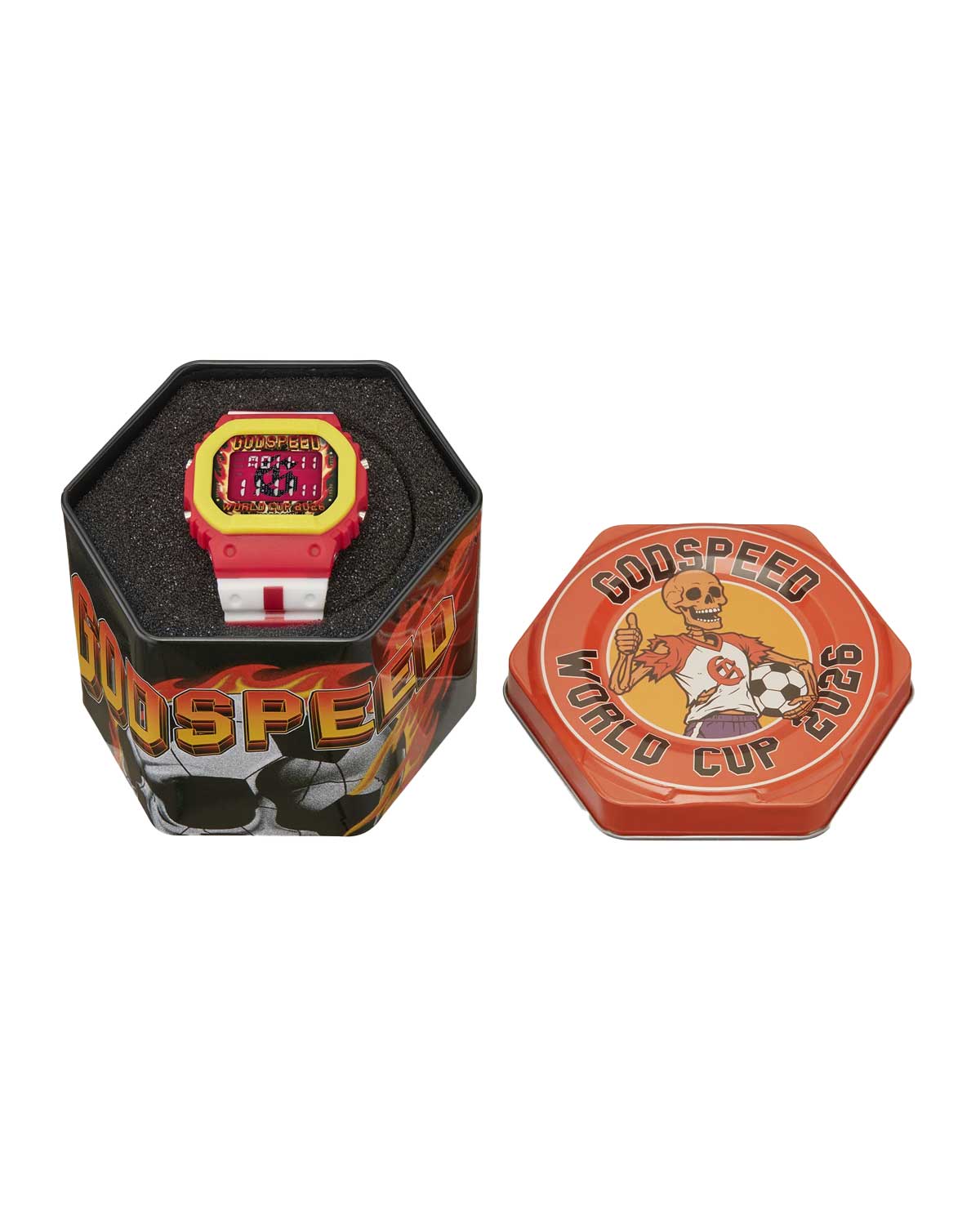 Godspeed GSWC All Nations Chrono white/red, hexagonal flame-print collector tin with skeleton soccer player lid