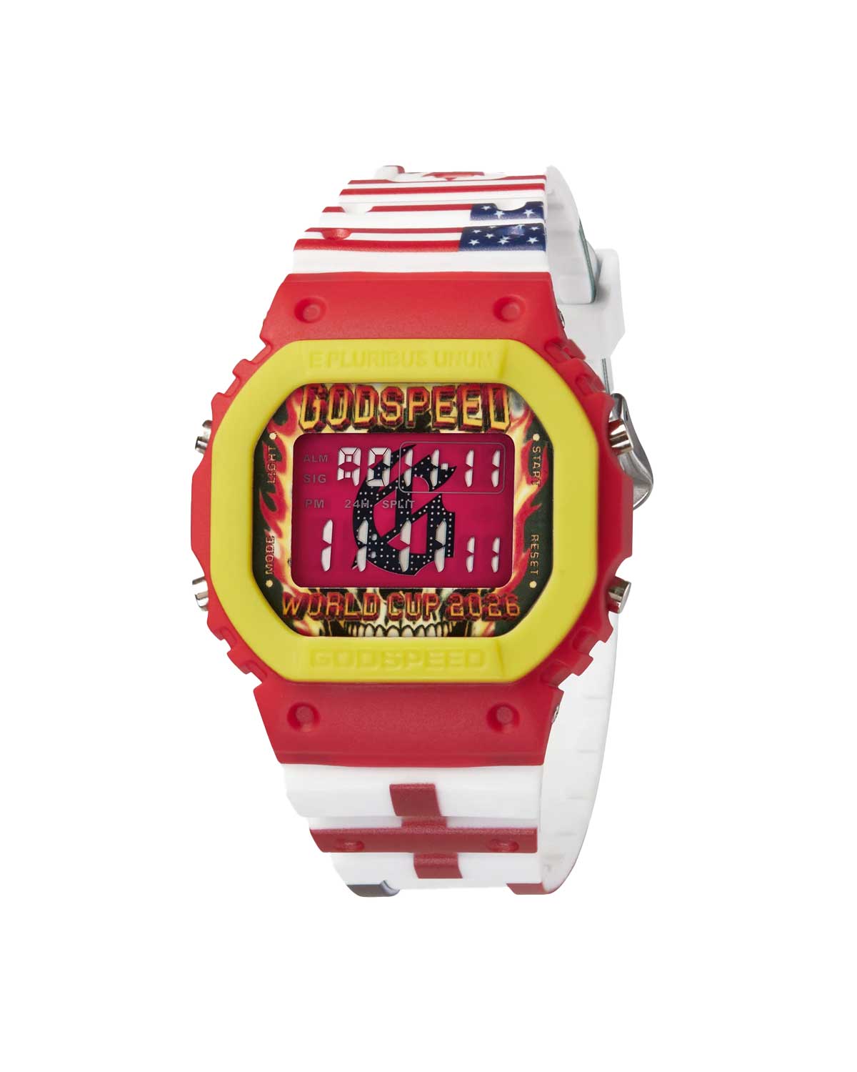 Godspeed GSWC All Nations Chrono white/red, red and yellow digital watch on flag-print strap, front view