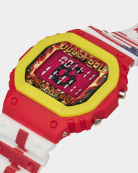 Godspeed GSWC All Nations Chrono white/red, angled close-up of the flame-print World Cup 2026 dial