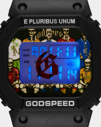 Godspeed GSWC Unity Chrono black, close-up of the dial with blue backlight and red gothic G over the printed artwork
