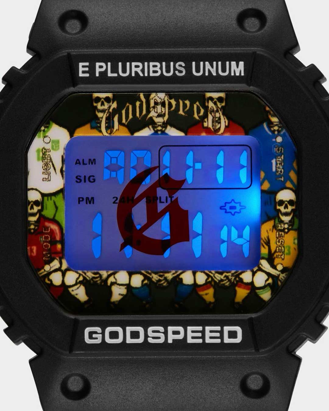 Godspeed GSWC Unity Chrono black, close-up of the dial with blue backlight and red gothic G over the printed artwork