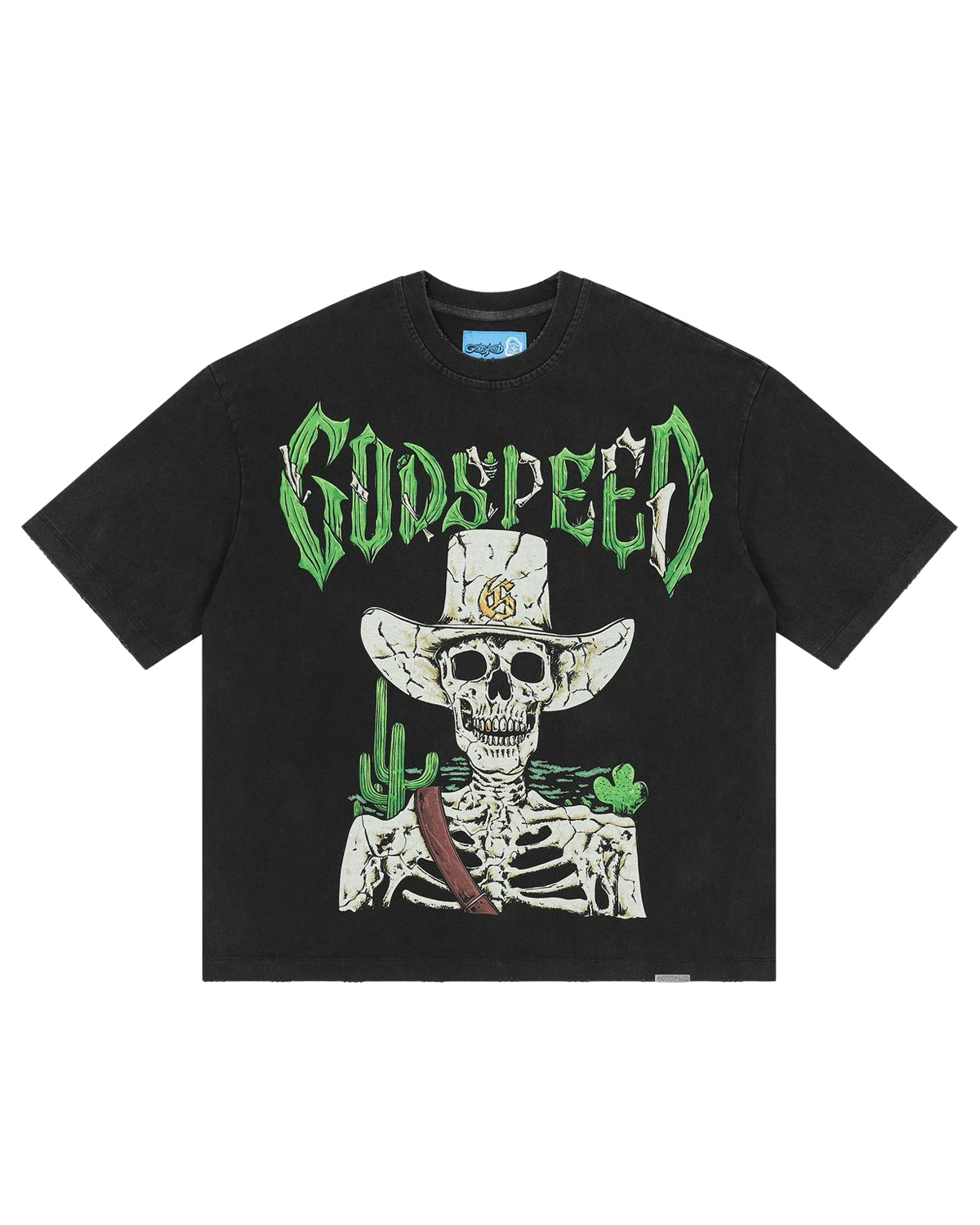 Godspeed Goldie NG Tee black, washed cotton tee with a skeleton cowboy graphic under green spiked Godspeed lettering, front view