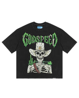 Godspeed Goldie NG Tee black, washed cotton tee with a skeleton cowboy graphic under green spiked Godspeed lettering, front view