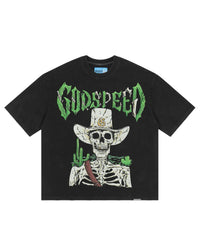 Godspeed Goldie NG Tee black, washed cotton tee with a skeleton cowboy graphic under green spiked Godspeed lettering, front view