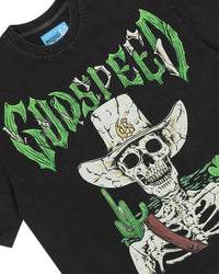 Godspeed Goldie NG Tee black, angled close-up of the skeleton cowboy graphic and green spiked lettering