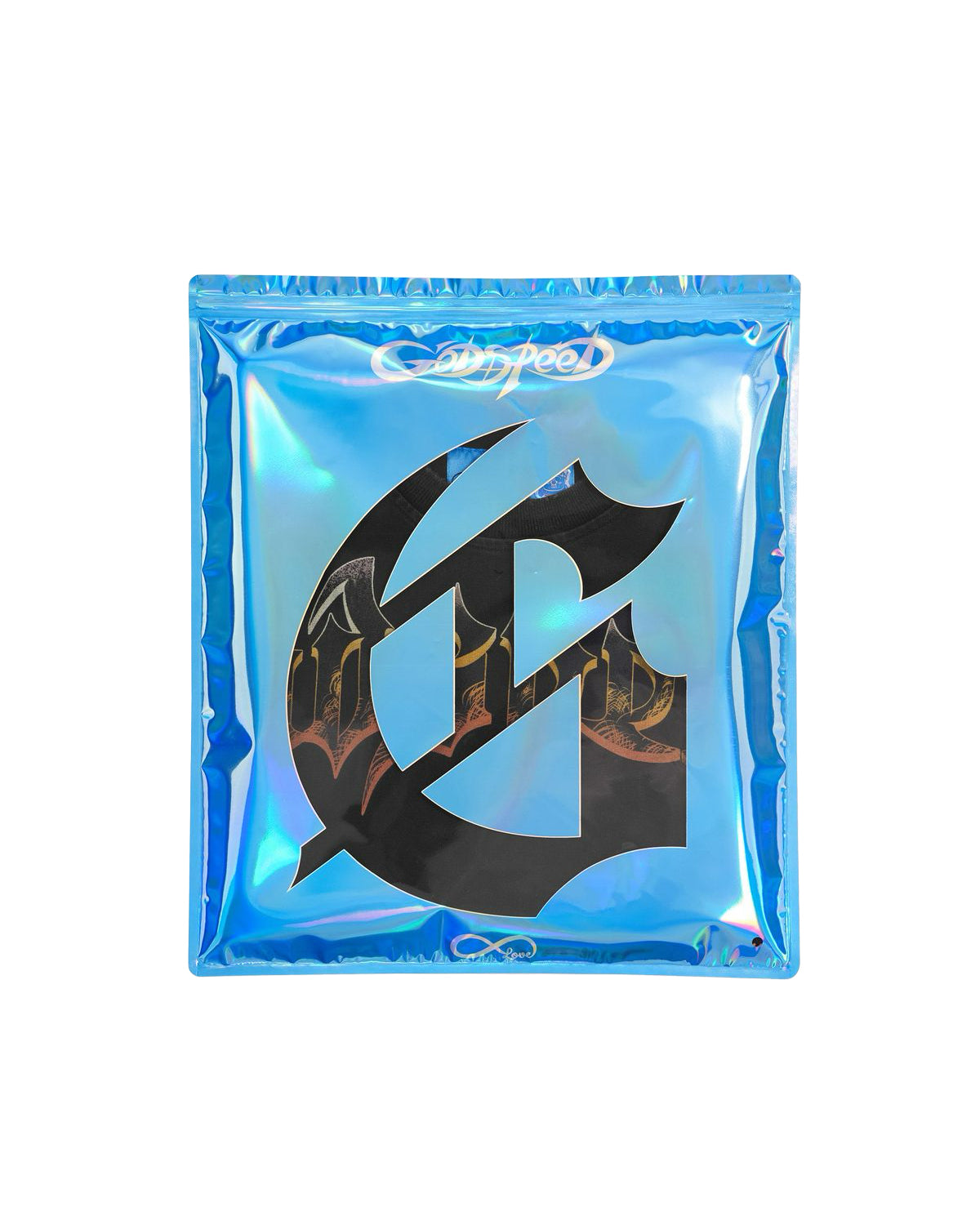 Godspeed Goldie NG Tee black, holographic blue Godspeed packaging bag with the Gothic G logo