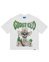 Godspeed Goldie NG Tee white, cotton tee with a skeleton cowboy graphic under green spiked Godspeed lettering, front view
