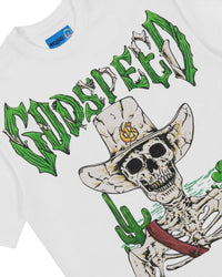 Godspeed Goldie NG Tee white, angled close-up of the skeleton cowboy graphic and green spiked lettering