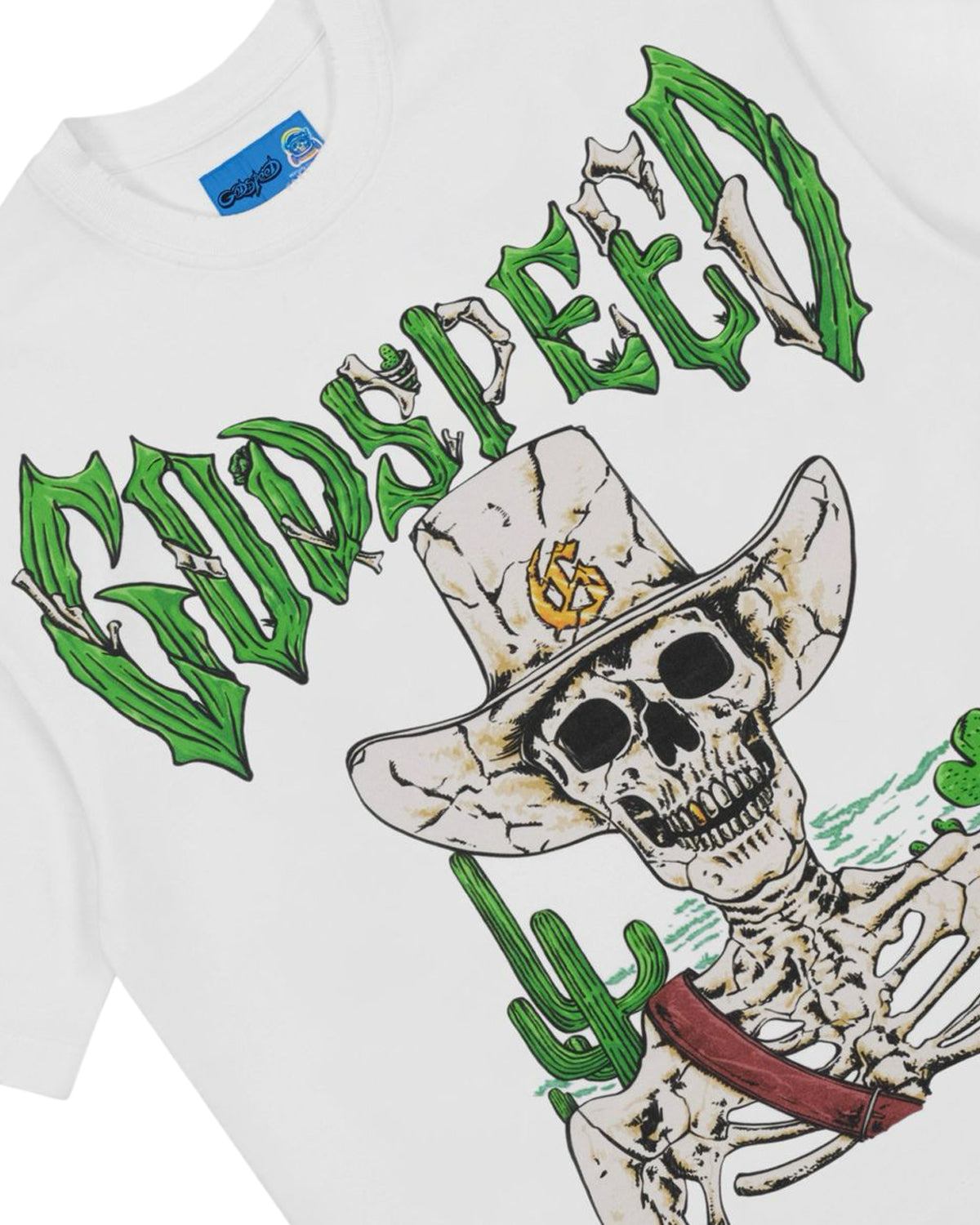 Godspeed Goldie NG Tee white, angled close-up of the skeleton cowboy graphic and green spiked lettering