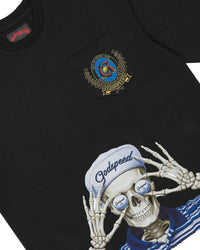 Godspeed Golf Days Pocket Tee black, close-up of the embroidered chest-pocket crest and skeleton golfer print