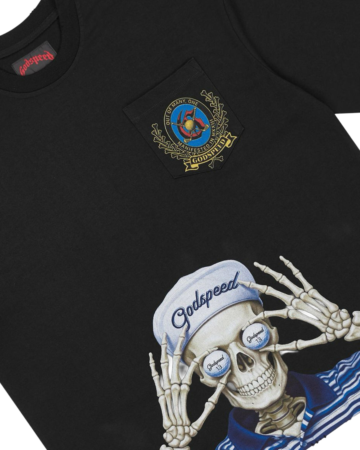 Godspeed Golf Days Pocket Tee black, close-up of the embroidered chest-pocket crest and skeleton golfer print