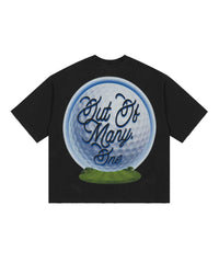 Godspeed Green Reaper Tee black, back view with large golf ball and Out Of Many One script