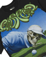 Godspeed Green Reaper Tee black, close-up of the skeleton-golfer print