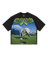 Godspeed Green Reaper Tee black, cotton tee with skeleton-golfer graphic and green script logo, front view