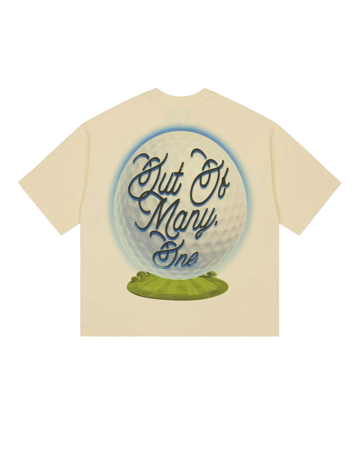 Godspeed Green Reaper Tee bone, back view with large golf ball and Out Of Many One script