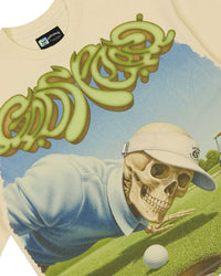 Godspeed Green Reaper Tee bone, close-up of the skeleton-golfer print