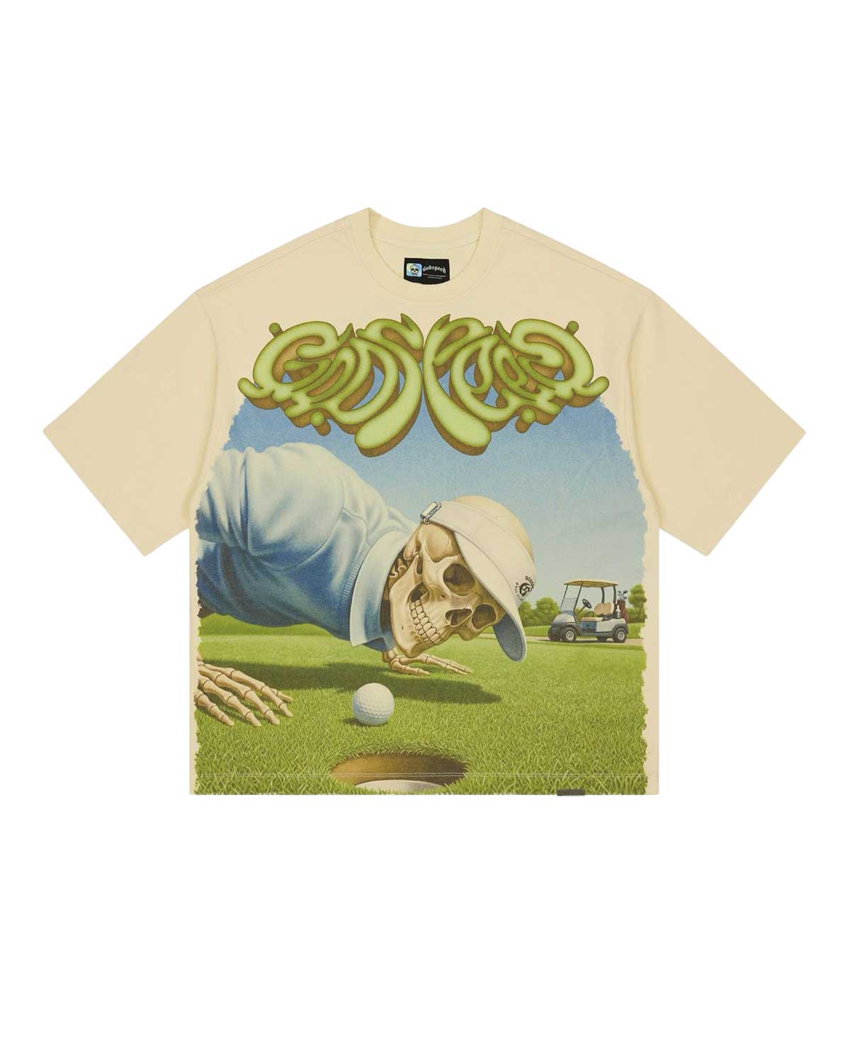 Godspeed Green Reaper Tee bone, cotton tee with skeleton-golfer graphic and green script logo, front view