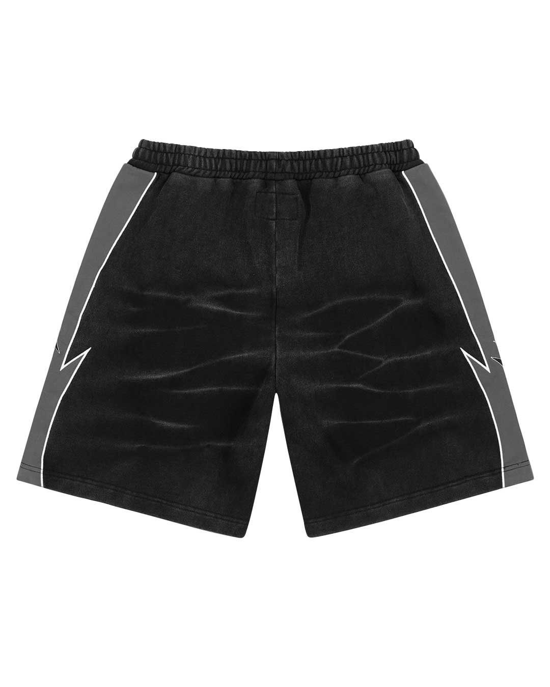 Godspeed Halftime Shorts V2 Black Acid Wash, back view showing the contrast panels and elastic waistband