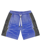 Godspeed Halftime Shorts V2 Blue Acid Wash, acid-washed royal blue French terry shorts with charcoal side panels and gothic Godspeed script, front view