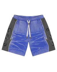 Godspeed Halftime Shorts V2 Blue Acid Wash, acid-washed royal blue French terry shorts with charcoal side panels and gothic Godspeed script, front view