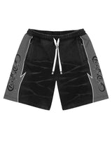 Godspeed Halftime Shorts V2 Black Acid Wash, acid-washed black French terry shorts with charcoal side panels and gothic Godspeed script, front view