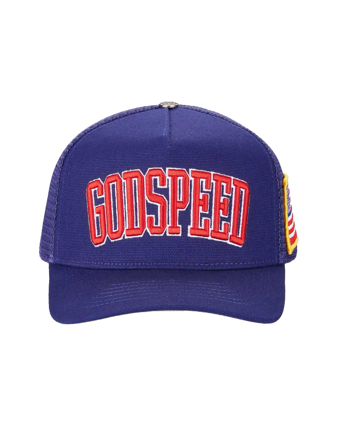 Godspeed Americana Trucker Hat Blue, navy trucker cap with raised red varsity GODSPEED embroidery and a US flag side tag, front view
