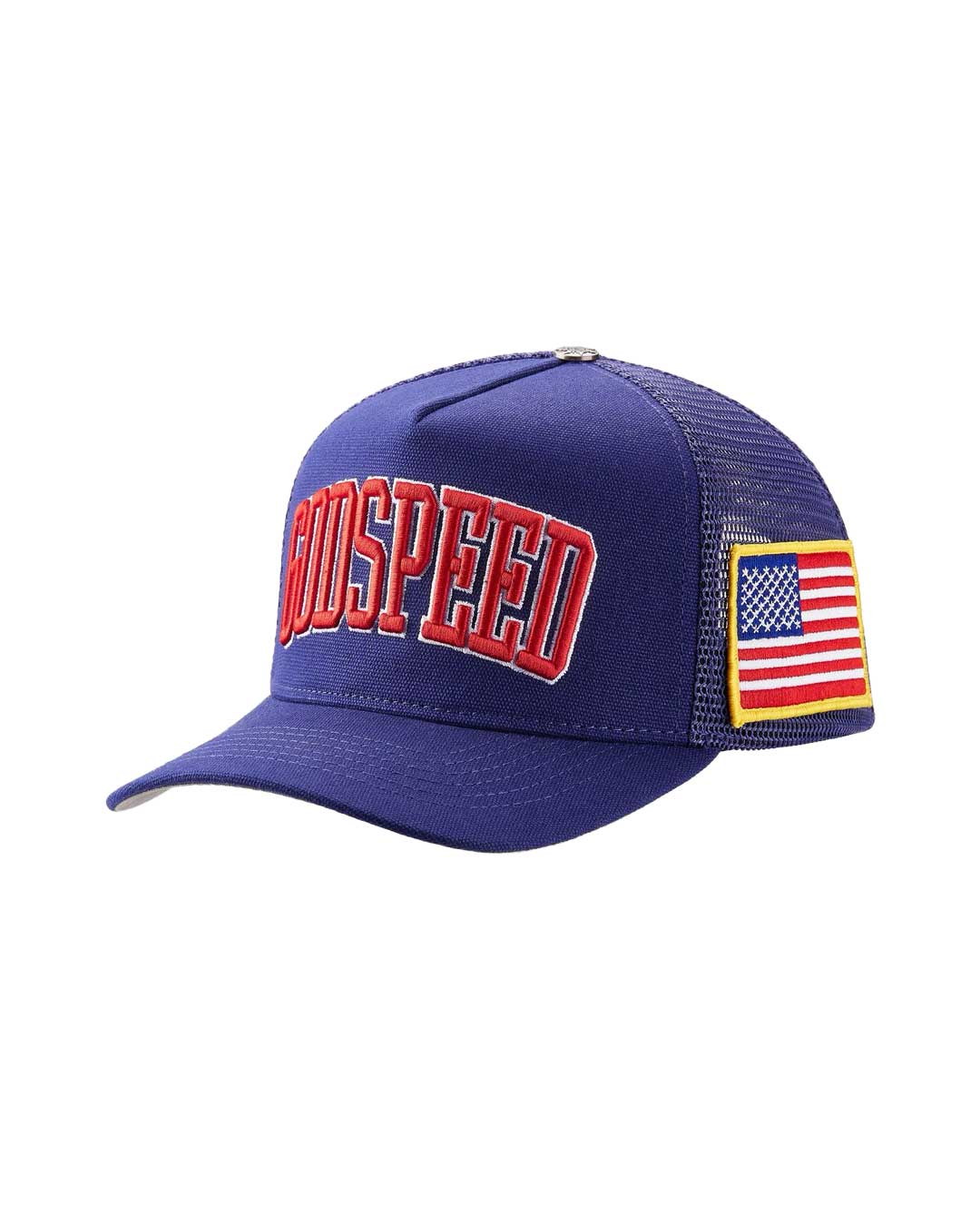 Godspeed Americana Trucker Hat Blue, opposite side view showing the navy crown panels
