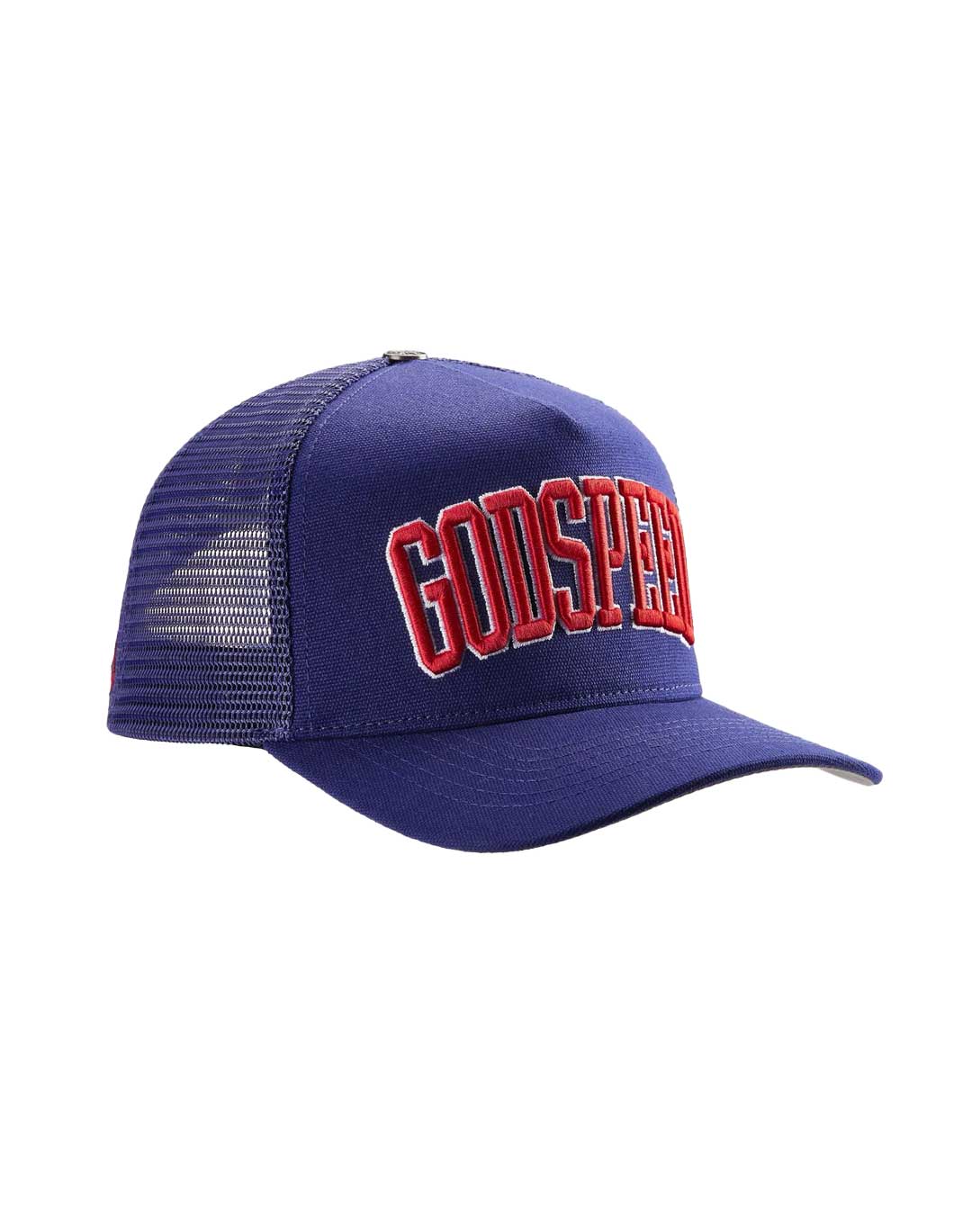 Godspeed Americana Trucker Hat Blue, side view showing the US flag tag and curved brim