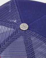 Godspeed Americana Trucker Hat Blue, top-down view showing the navy crown and button