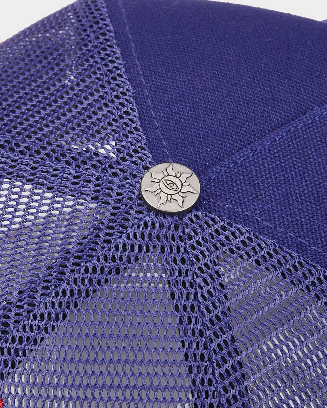 Godspeed Americana Trucker Hat Blue, top-down view showing the navy crown and button