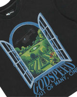 Godspeed Helipad Dreams Tee black with window and helicopter garden graphic, detailed