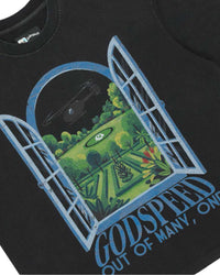 Godspeed Helipad Dreams Tee black with window and helicopter garden graphic, detailed