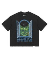 Godspeed Helipad Dreams Tee black with window and helicopter garden graphic, front