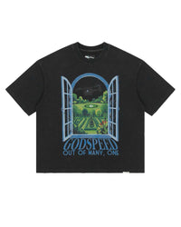 Godspeed Helipad Dreams Tee black with window and helicopter garden graphic, front