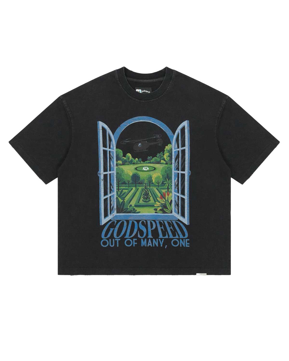 Godspeed Helipad Dreams Tee black with window and helicopter garden graphic, front