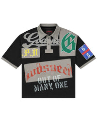 Godspeed Heritage Patchwork Polo black, short-sleeve polo with patchwork graphic collage, front view