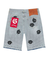 Godspeed Infinity Denim Shorts blue with all-over black G-logo print,back