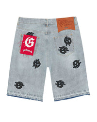 Godspeed Infinity Denim Shorts blue with all-over black G-logo print,back