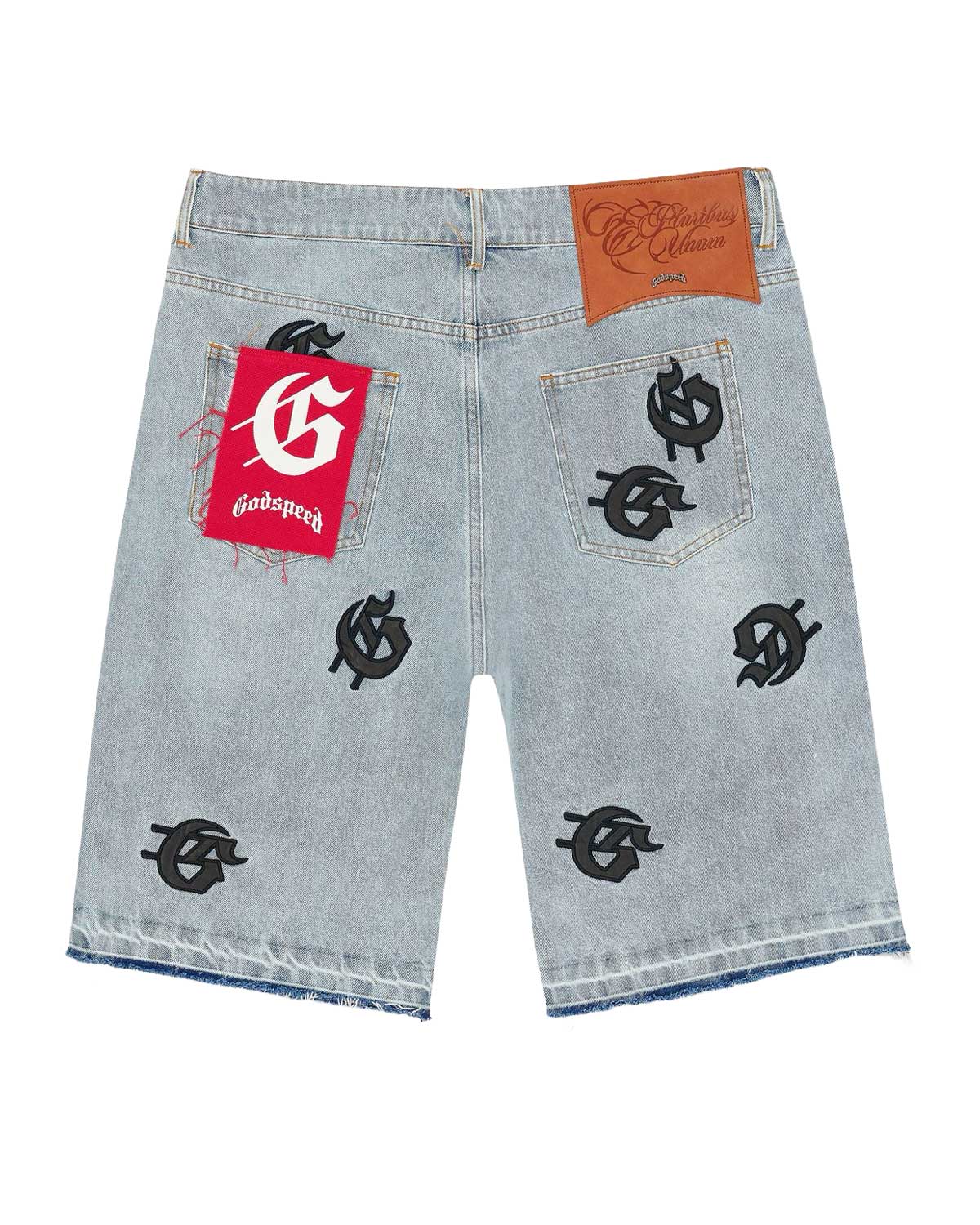 Godspeed Infinity Denim Shorts blue with all-over black G-logo print,back