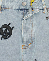 Godspeed Infinity Denim Shorts blue with all-over black G-logo print,front detailed 2