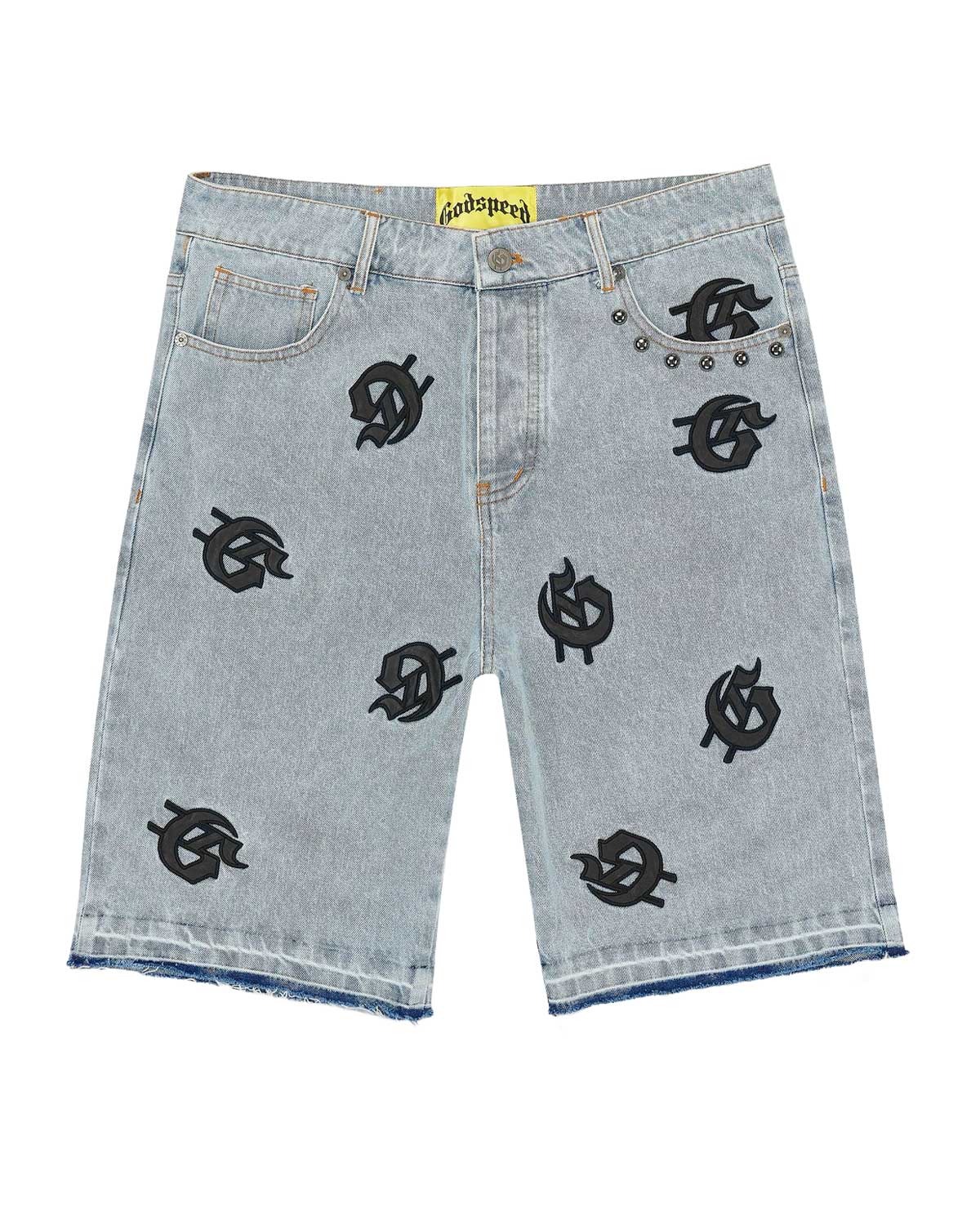 Godspeed Infinity Denim Shorts blue with all-over black G-logo print,front