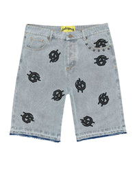 Godspeed Infinity Denim Shorts blue with all-over black G-logo print,front
