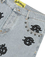 Godspeed Infinity Denim Shorts blue with all-over black G-logo print,front detailed